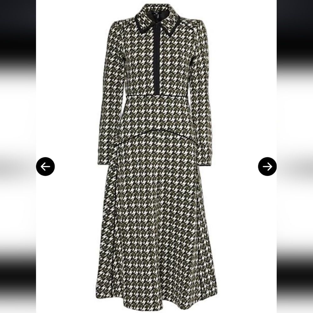 ME+EM White, Black and Green Houndstooth Midi Dress Size 4 NWT